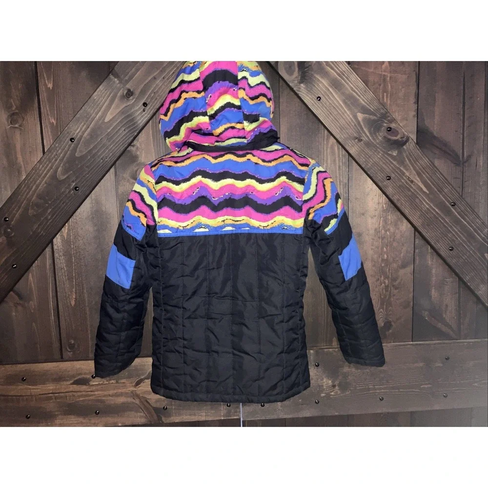 Girls Rothschild Hooded Winter Jacket M (10/12)‎ Black With Neon Stripes